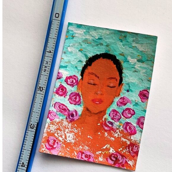 ACEO Original Art Card  Signed by Artis Serene Portrait with Pink Roses - Picture 4 of 8